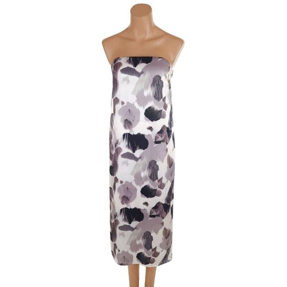 Helmut Lang Crypsis Print Strapless Silk Dress Size 4 Gray Multi - Picture 2 of 14